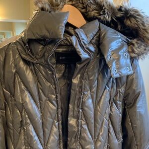 BCBGMaxAzria Metallic Gray Puffer Jacket with Faux Fur Trim